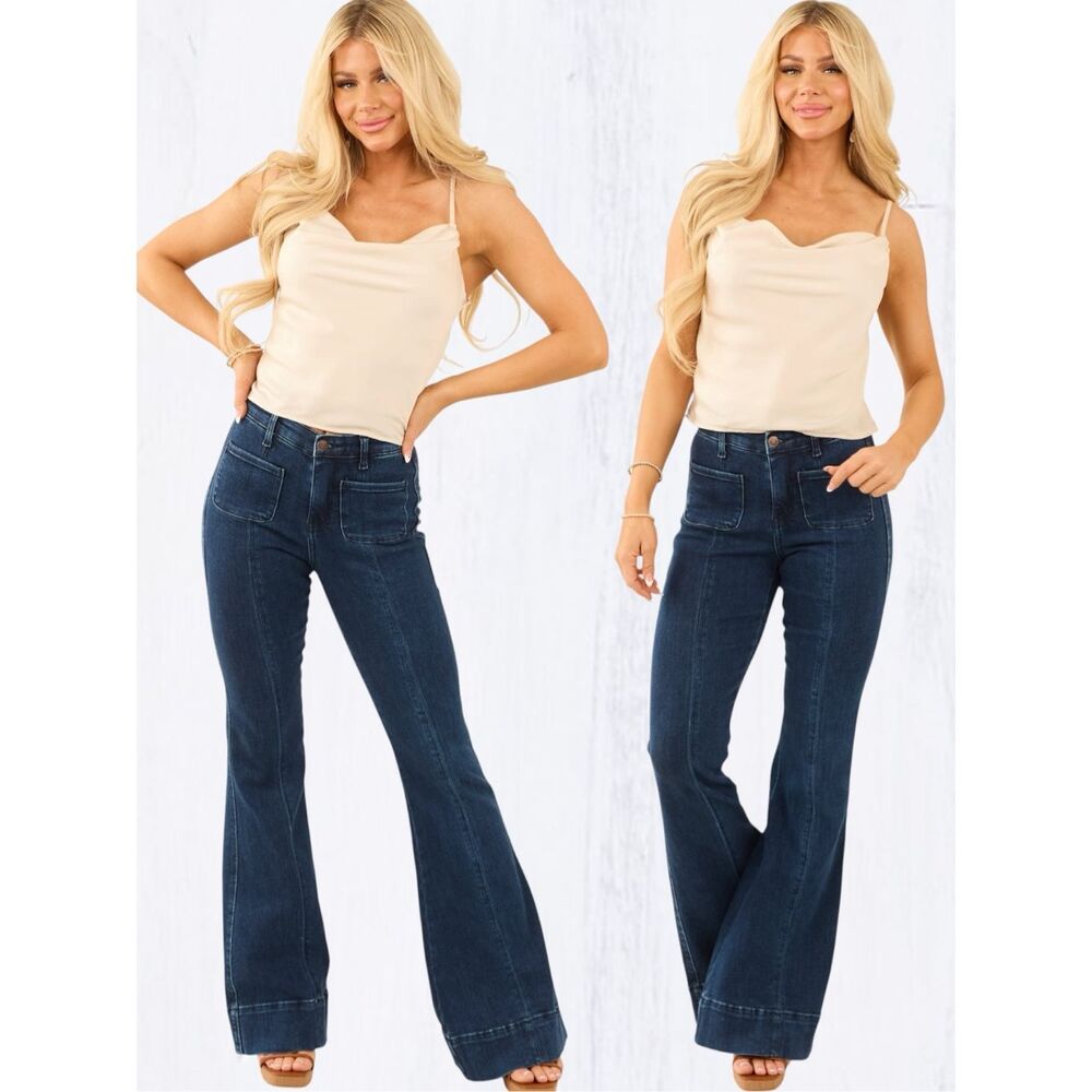 Judy Blue High Rise Flare Jeans Dark Wash Tummy Control Stretch Patch Pocket NEW - Picture 8 of 11